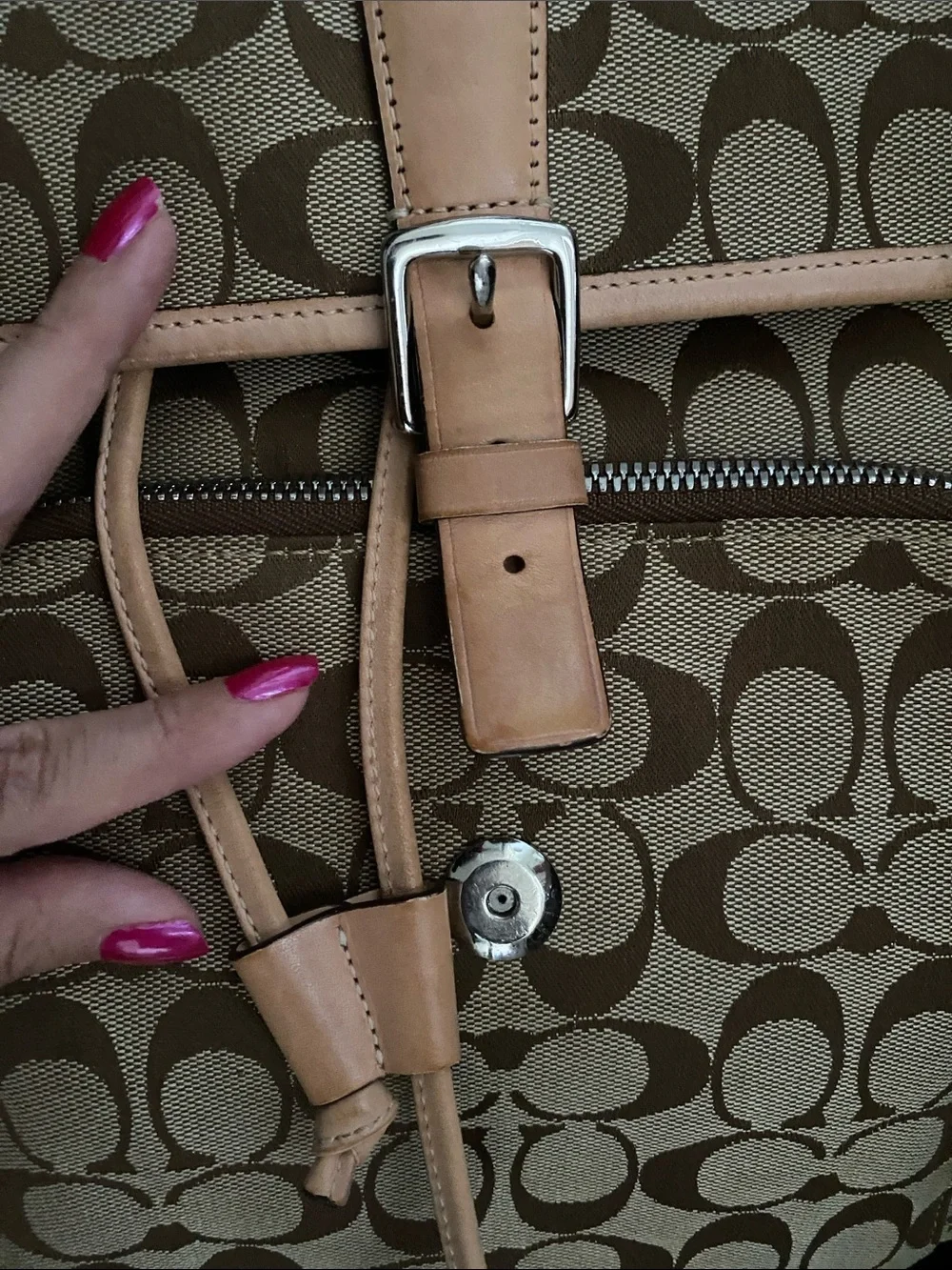Coach Brown Signature Canvas Backpack with Tan Leather Trim